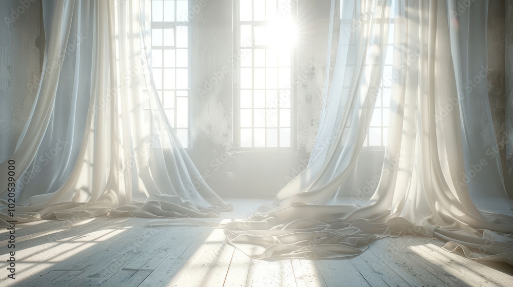 Poster sunlight streams through a window in a room with white curtains.