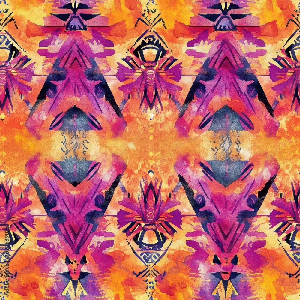 Poster vibrant tribal motifs in an abstract watercolor pattern, blending intricate shapes and lines with so