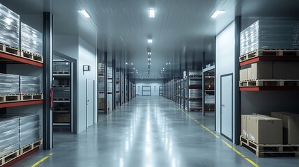 refrigerated cold room and warehouse designed for effective storage solutions, featuring organized shelves and pallets to support temperature-sensitive inventory and efficient logistics