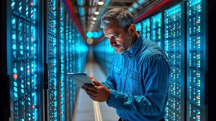 A technician in a blue shirt analyzes data on a tablet amidst glowing server racks in a busy data center.