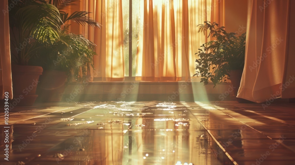 Poster sunlight streams through a window, illuminating a flooded room with light and creating a serene atmo