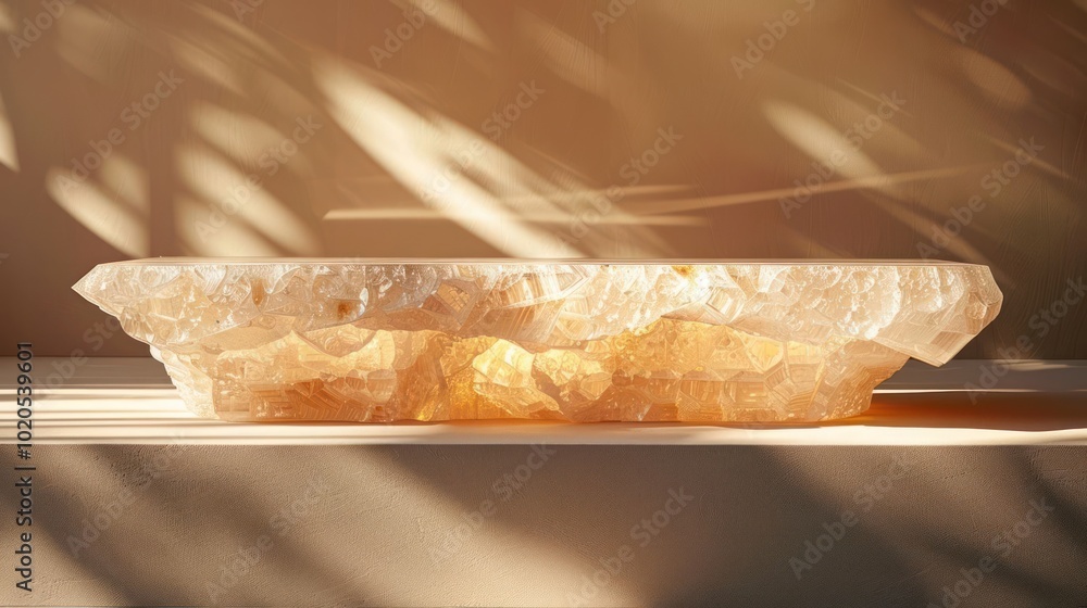 Poster a white stone platform with an irregular shape sits on a white surface, bathed in sunlight streaming