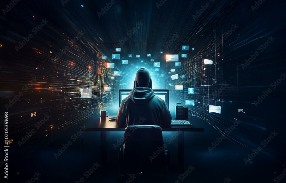 Aufkleber a hooded figure sits at a desk in front of a computer, illuminated by blue and orange light, surroun
