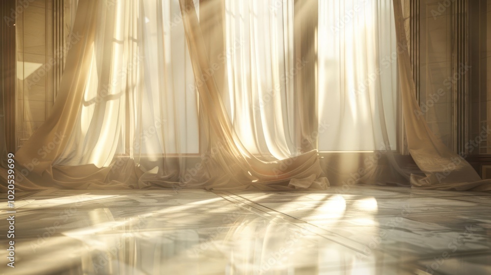 Poster sunlight streams through sheer curtains in a modern room with tiled floor.