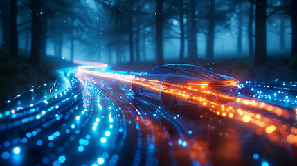 Conceptual representation of digital world in abstract beauty. Futuristic car drives along digital road