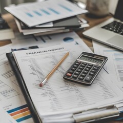 calculator and pen with documents