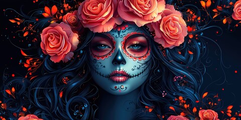 A beautiful girl with sugar skull makeup, pink roses on her head
