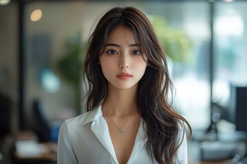 Fototapeta premium A beautiful Japanese woman in her early to mid-20s, wearing an elegant white blouse