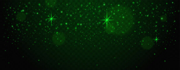 Dark green starry sky with glowing particles and light flares on transparent background. Abstract sparkling effects Glare light effect. Star dust, sparkles. Neon light. Night star