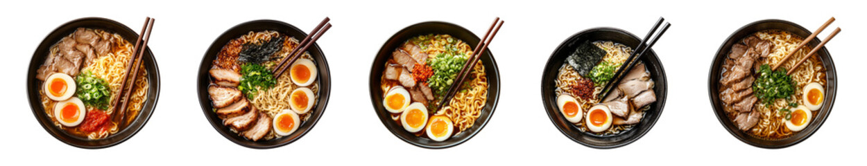 Shoyu Ramen in a bowl with chopsticks isolated on a transparent or white background, cut-out, top view, PNG