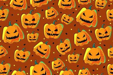 Halloween seamless pattern with pumpkins. Jack of lanterns on a brown background. Spooky and autumnal pattern. Happy Halloween. Vector illustration. Design for printing.