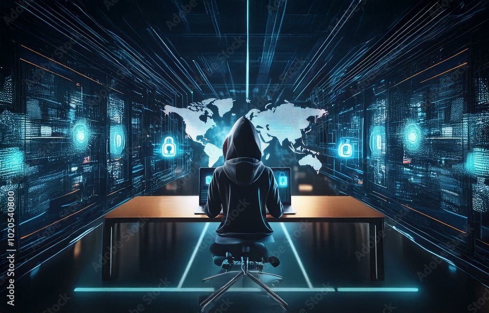 Poster A hooded figure sits at a desk in front of two glowing laptops, a world map made of data points behind them.
