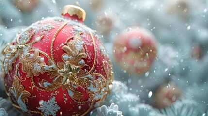 Ornate red and gold Christmas bauble, serene white background, floating snowflakes, luminous starry pattern, creating a serene holiday display.