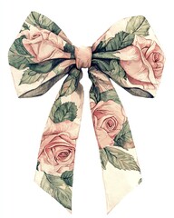 Elegant floral coquette bow, watercolor rose pattern, soft edges on pure white