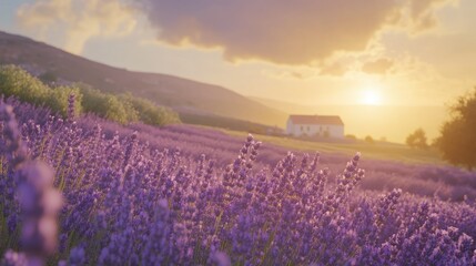Obraz premium Lavender Field at Sunset with a House in the Distance