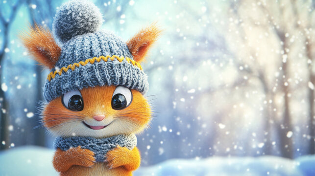 A cute squirrel in a winter hat admiring the snow