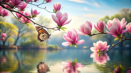 Forced perspective butterfly flying over lake with pink magnolia flowers in the sun