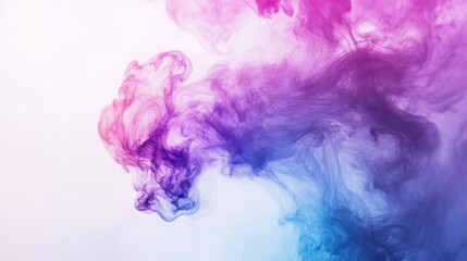 An abstract ink cloud in water, showcasing vibrant purple, blue, and pink pigments swirling together, set against a white background with ample copy space.