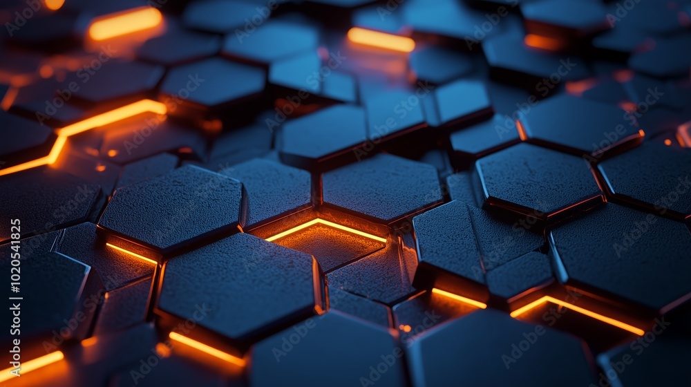 Poster dark hexagonal surface with glowing orange lines creating a futuristic pattern in a digital environm