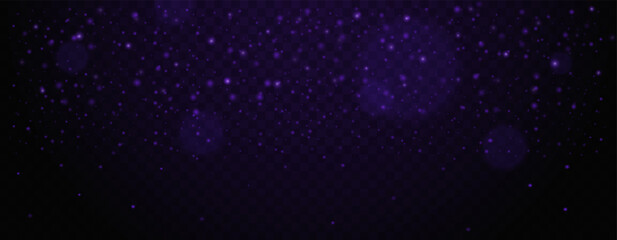 Dark purple starry sky with glowing particles and light flares on transparent background. Abstract sparkling effects Glare light effect. Star dust, sparkles. Neon light. Night star