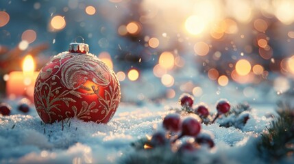 Shimmering golden red bauble with intricate designs, close-up on snow with a festive setting of glowing candles and holly leaves in the background.