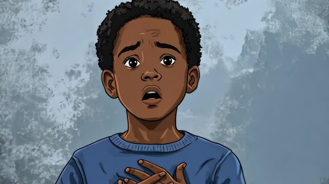 A young boy with a blue sweater looks up in shock, his hands clasped over his heart