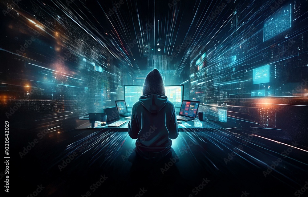 Aufkleber a hooded figure sits in front of multiple computer screens, surrounded by blue and orange digital st