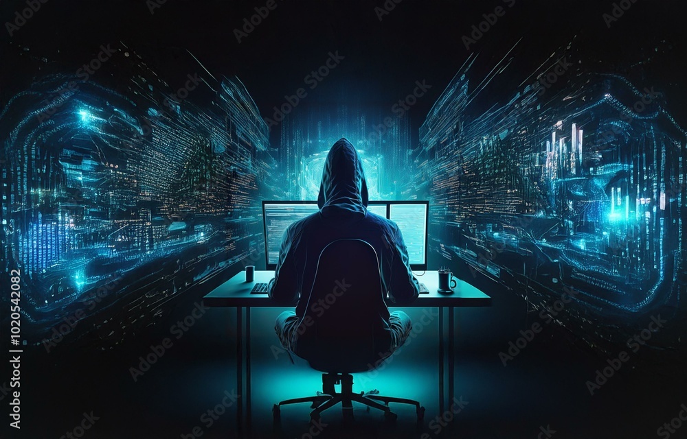 Poster A hooded figure sits at a computer desk in a dark room illuminated by a screen displaying blue digital data.