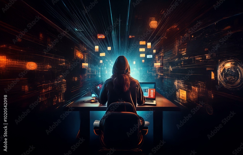 Poster A hooded figure sits at a desk in front of a computer screen, with glowing lines and data streams surrounding them.