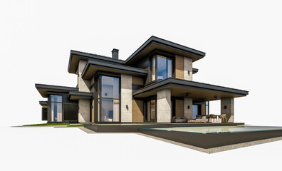 3d rendering of modern two story house with gray and wood accents, large windows, parking space in the right side of the building, daylight, isolated on white