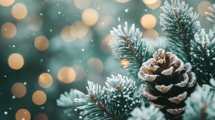 Obraz premium Close-up of frosted pine branches and pinecones with snow dust, set against warm bokeh lights for a serene Christmas atmosphere. Christmas