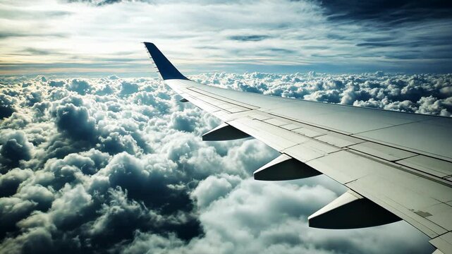A plane wing soars above a sea of fluffy white clouds, capturing a breathtaking view during a flight