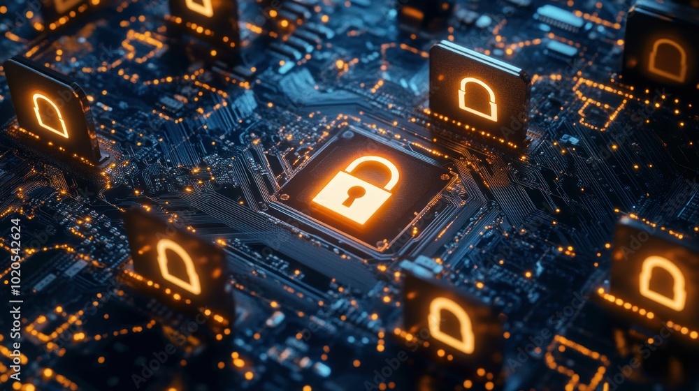Poster illuminated lock symbol on a circuit board