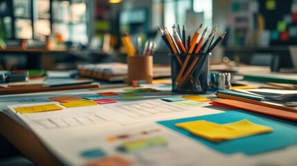 A Close-up of a Workspace with Colored Pencils and Sticky Notes