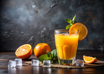 Fresh orange juice with ice cubes in clear glass, garnished with mint and orange slices, creates refreshing and vibrant drink. Perfect for sunny day!