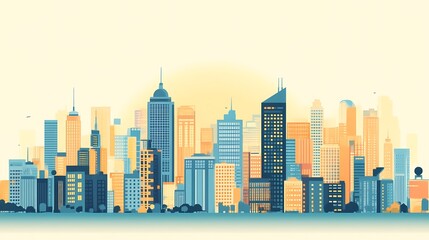 A Stylized City Skyline with Tall Buildings and a Light Sky