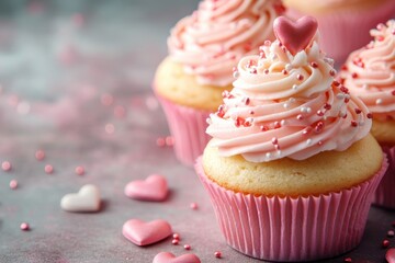 valentines day banner featuring pastel cupcakes and heart confetti, perfect for dessert lovers, with room for text