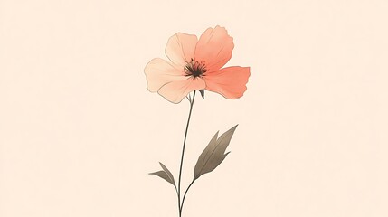 Naklejka premium Single Peach-Colored Flower with Stem and Leaves on a Light Peach Background