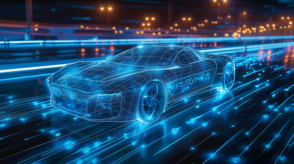 Conceptual representation of digital world in abstract beauty. Futuristic car drives along digital road