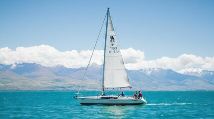 A peaceful sailboat glides across a serene blue lake, surrounded by towering mountains, with the sky reflecting on the calm water. Perfect for nature or travel content.