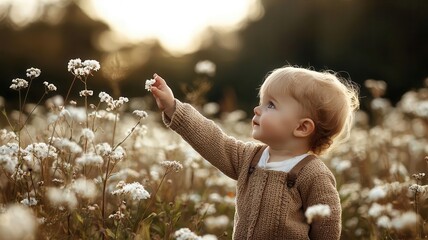 Baby in a sunny field surrounded by flowers, reaching out to touch petals, baby, baby in nature