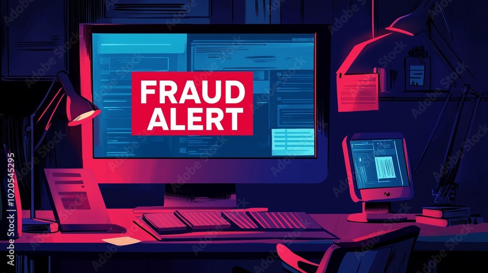 Poster computer screen with fraud alert text, desk lamp, and keyboard symbolize cybersecurity warning.