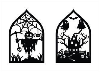 halloween hanging door decor design template. Halloween scene wall decoration vector template illustration. Haunted house, ghost, pumpkin devil face, flying witch, cat, scarecrow, graveyard, included.