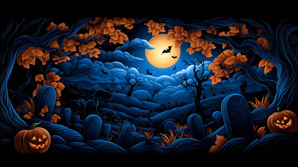 A dark and eerie Halloween scene with gravestones, black cats lurking, and ghostly figures drifting through the night