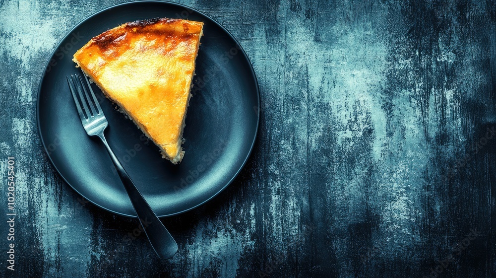 Fototapete A slice of cheesy lasagna placed on a gray concrete background, highlighting the dish's colors and textures. The empty area around the plate is perfect for captions or descriptions.