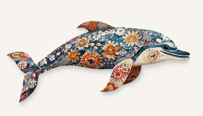 Dolphin adorned with Pochampally Ikat, bold Indian textile art, traditional handwoven fabric, illustration, no blur, photo not dark, everything is clear, copy space
