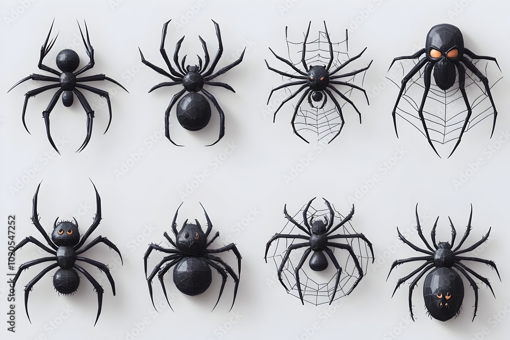 Poster creepy spider web 3d icons and objects collection in cartoon minimal style on transparent background