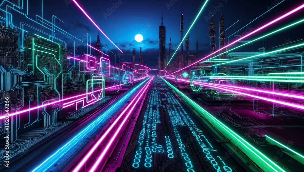 Poster urban, digital landscape in abstract beauty. conceptual representation of digital transformation wit