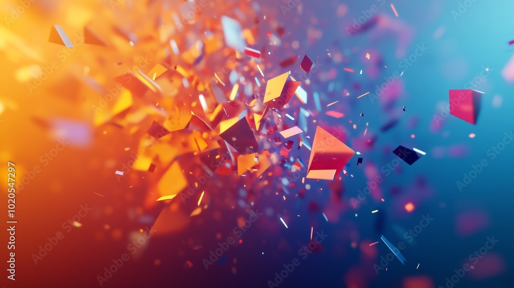 Poster dynamic abstract explosion of colorful shards in vibrant orange and blue hues creating a visually st