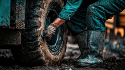 Fototapeta premium Close-up of a Worker's Hand and Boot Checking a Tire